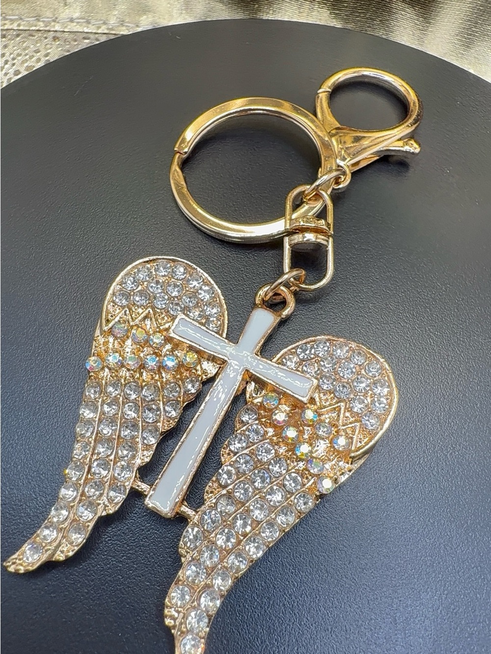 Gold Crystal Angel Wings Keychain with Cross Charm